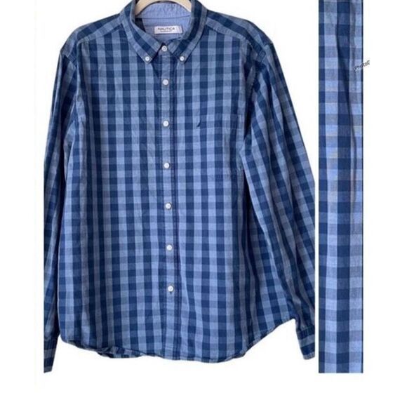 Nautica Blue Buffalo Gingham Plaid Classic Fit Button Up Shirt‎ 100% Cotton Size - Picture 1 of 7